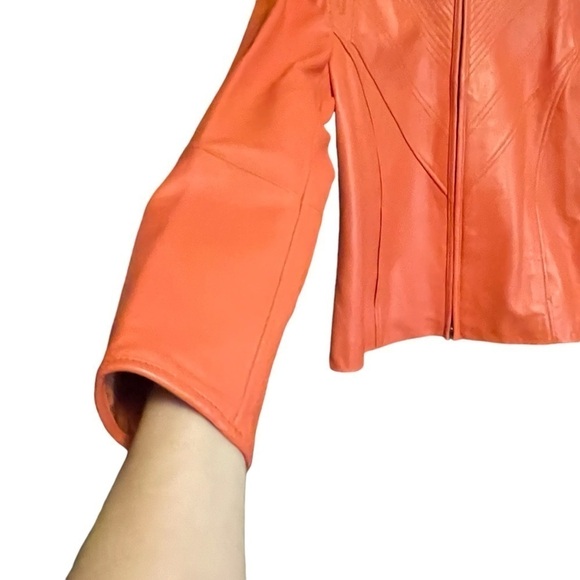 Bianca Nygard Orange Leather Crop Jacket-Zip up-Texturized Stitching - Size 8 - Picture 8 of 12